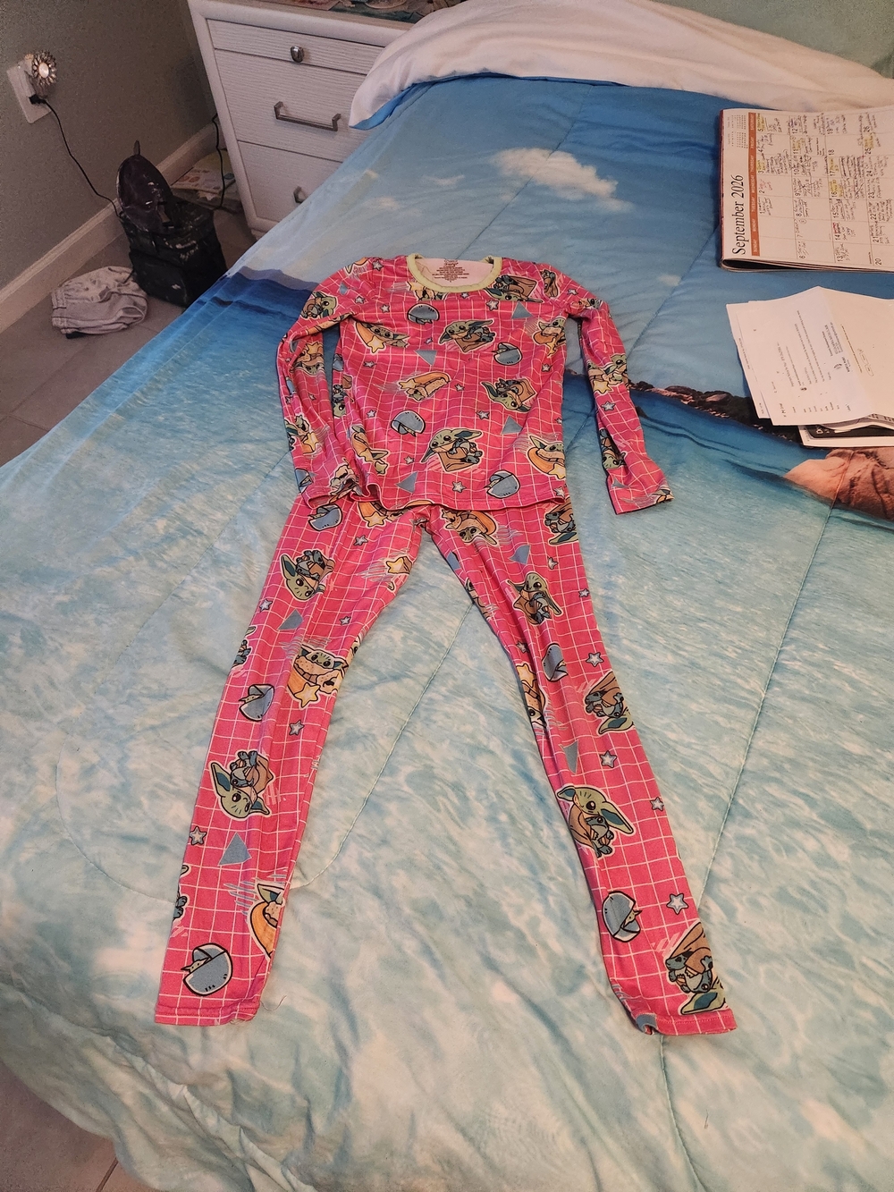 Cuddl Duds Star Wars Grogu Girls Pink 2-Piece Long Sleeve Knit Pajamas Size S